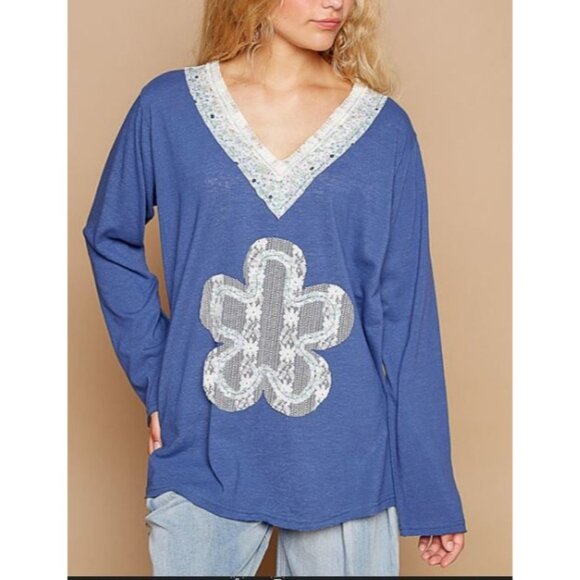 POL Tops - #1224 Pol NWOT Blue Lace Flower Patch Relaxed Fit Long Sleeve Vneck Top Size S-L